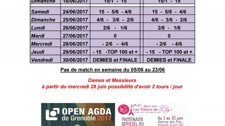 Le planning prévisionnel de l’Open AGDA de Grenoble 2017